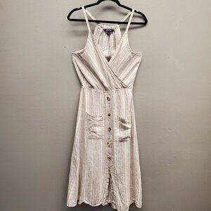 Indigo Rain Midi Dress Women Size M Tan Stripe Button Front Wrap Top Sleeveless